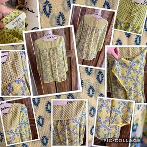 EUC yellow and blue flowy blouse